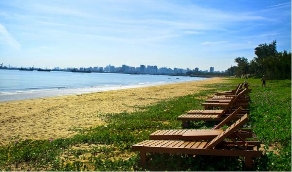 海口的假日海滩在海口市西边的庆龄大道附近,左面是郁郁葱葱的林麻黄