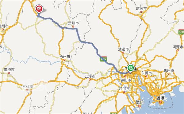 广州(高速35km)三水(35km)四会(55km)广宁(68km)怀集(133km)信都(62km