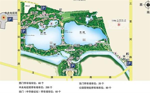 八一湖水上乐园交通图 玉渊潭公园桥下小西门:乘坐40路,617路,624路